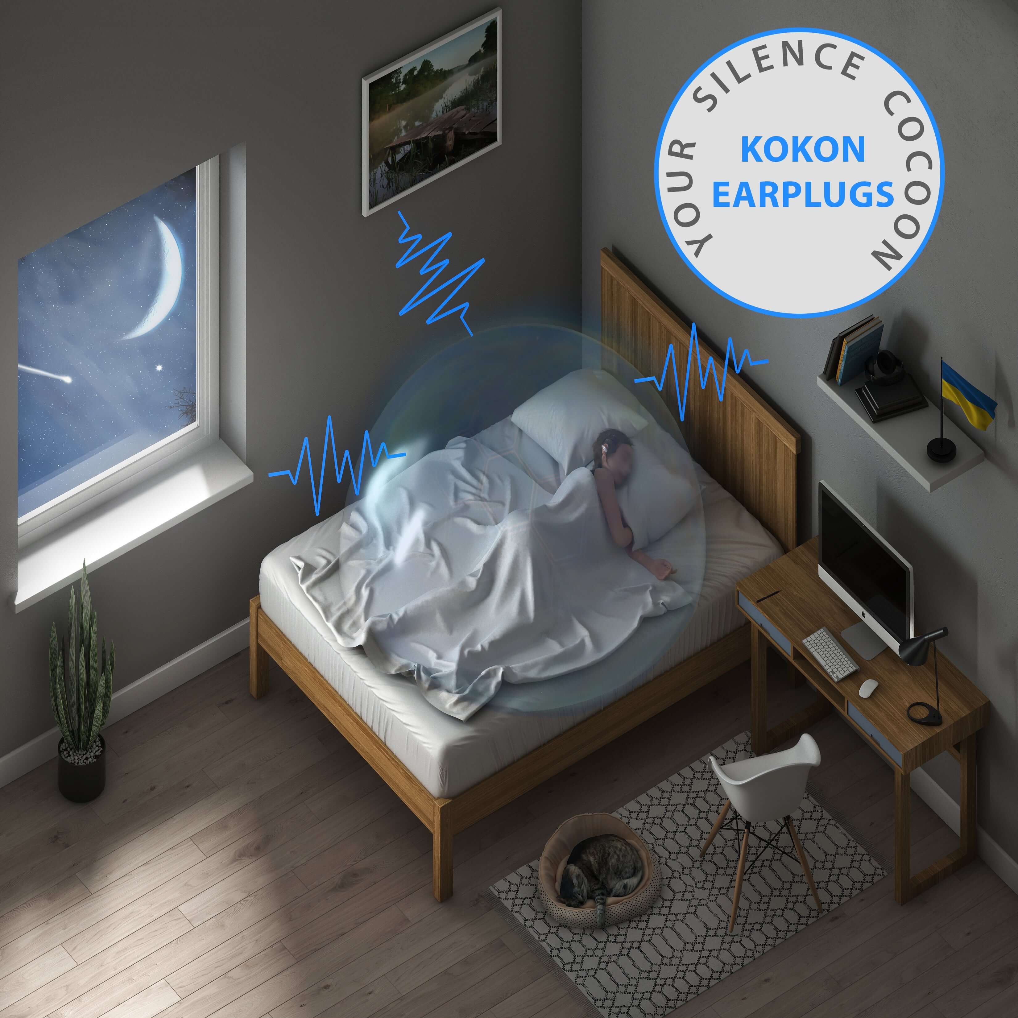 Person sleeping peacefully in a bedroom with Kokon Universe noise-reducing earplugs promoting quietude and relaxation.