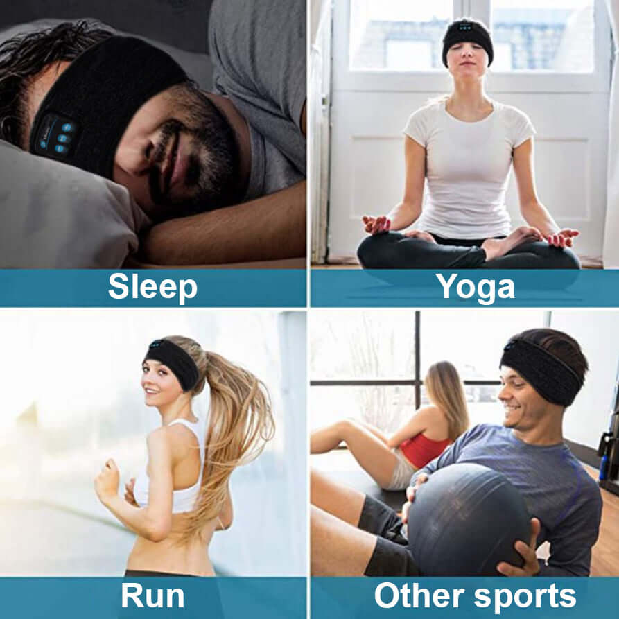 Bluetooth sleeping headphones in use for sleep, yoga, running, and exercise in a collage format.