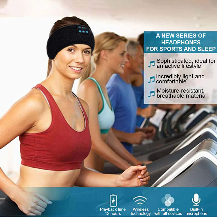 Woman wearing Bluetooth sleeping headphones on a treadmill, showcasing comfort for sports and sleep.