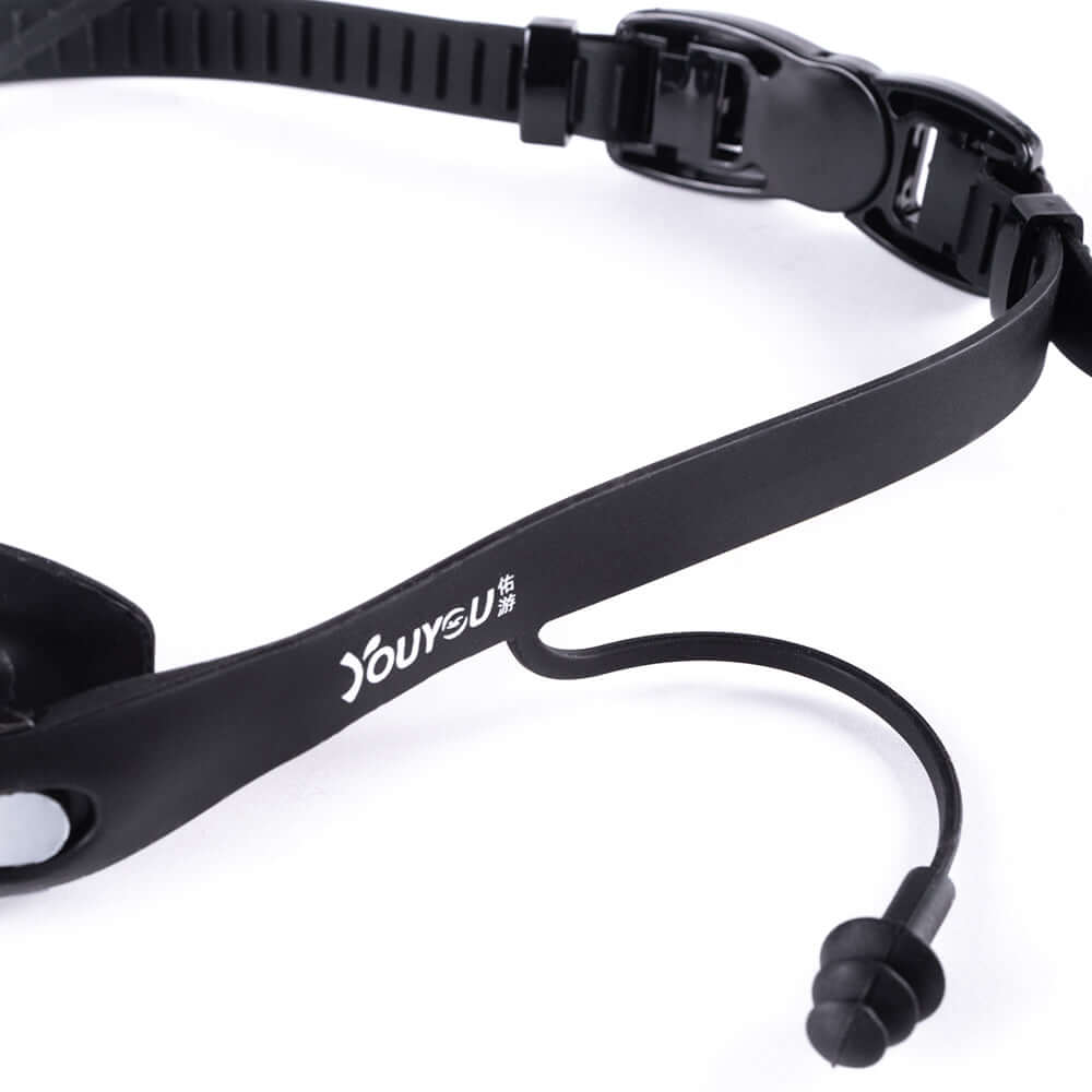 YouYou swim goggles head strap with adjustable clip and attached ear plug for optimal fit and comfort.