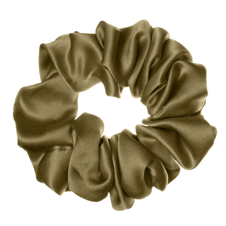 Pure Mulberry Silk Scrunchie in olive green, large size with high elasticity, perfect for various hairstyles.