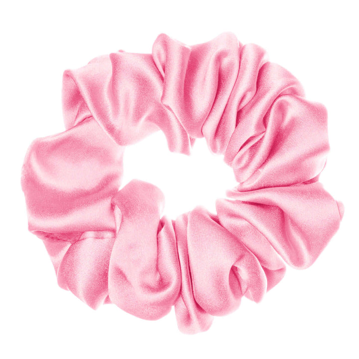 Pure Mulberry Silk Scrunchie in pink, made from 100% silk, high elasticity, perfect for various hairstyles.