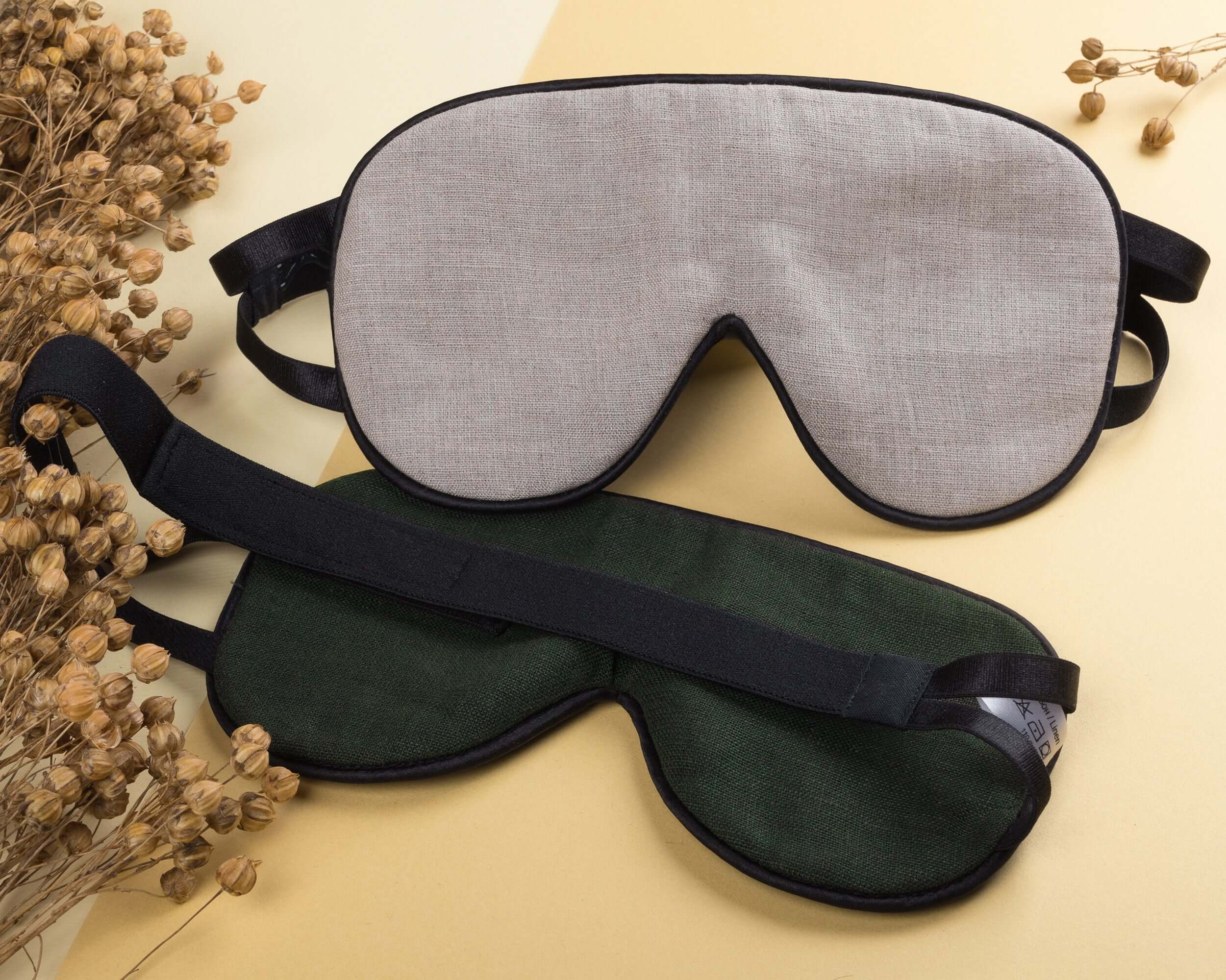 Quietstore non-slip strap linen sleep mask for men and women, featuring hypoallergenic organic fabric.