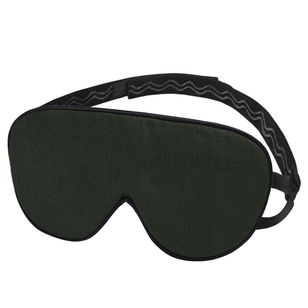 Quietstore non-slip strap linen sleep mask in dark green fabric for better restful sleep.