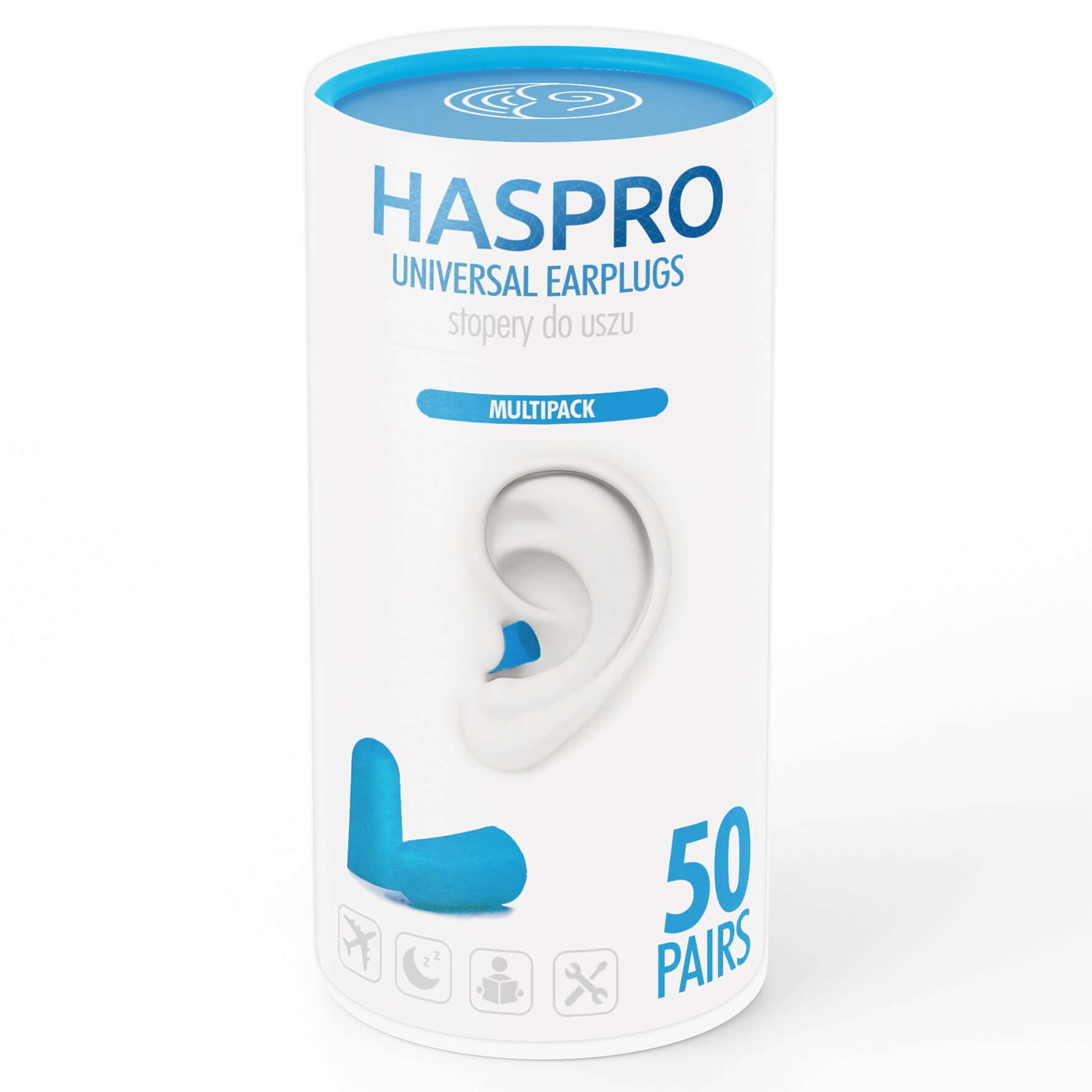 HASPRO Foam Earplugs multipack with 50 pairs, high noise reduction, blue color, soft and comfortable design.
