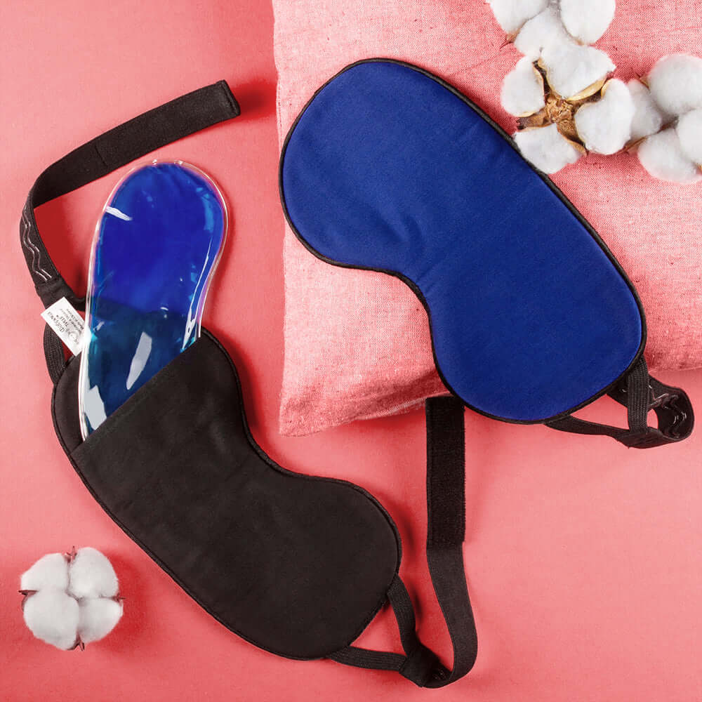 Quietstore organic cotton sleep mask with gel bag and soft foam light-blockers for ultimate comfort and light blocking.