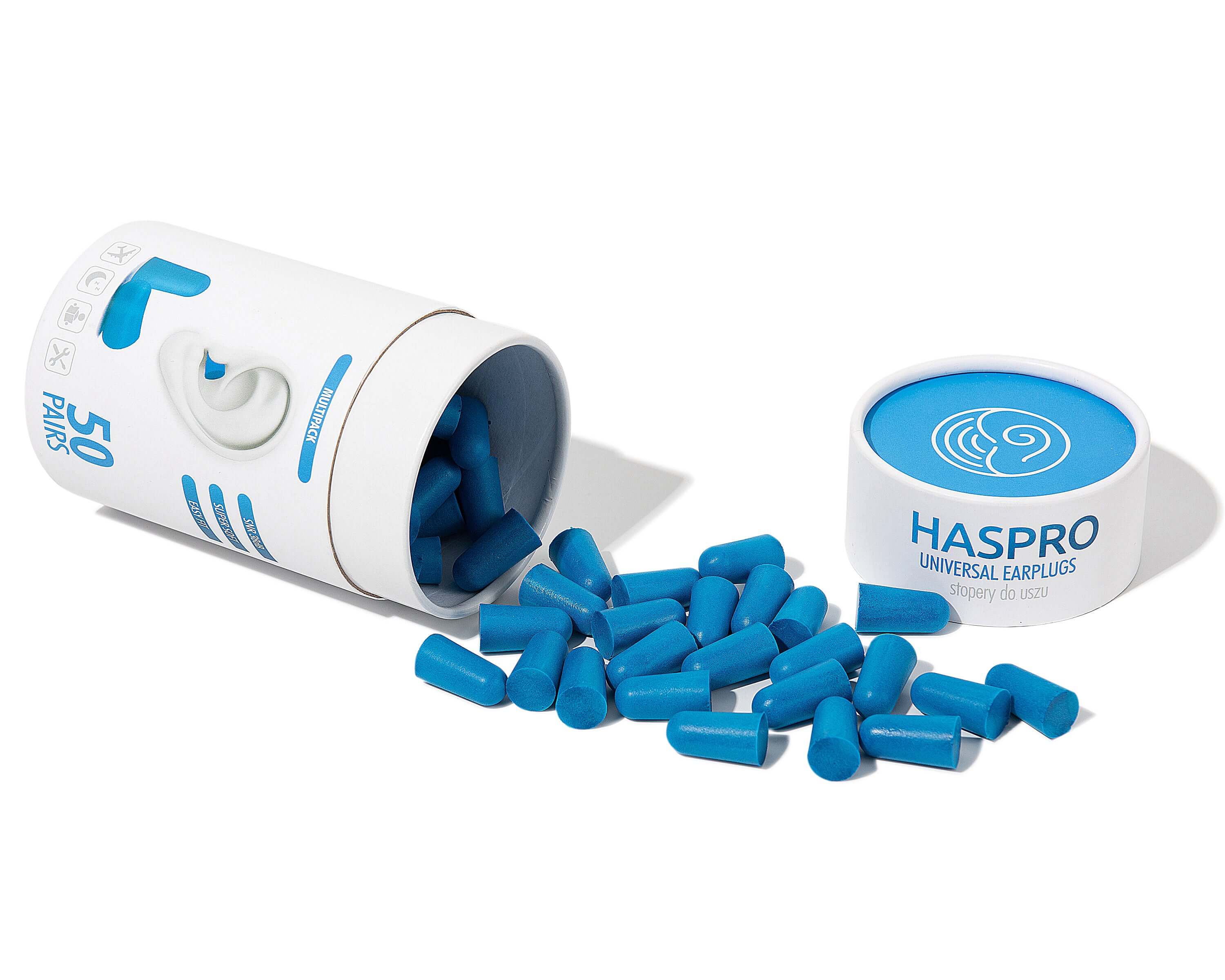 HASPRO Tube50 foam sleeping earplugs in blue, 50 pairs in a portable case for noise reduction and comfort.