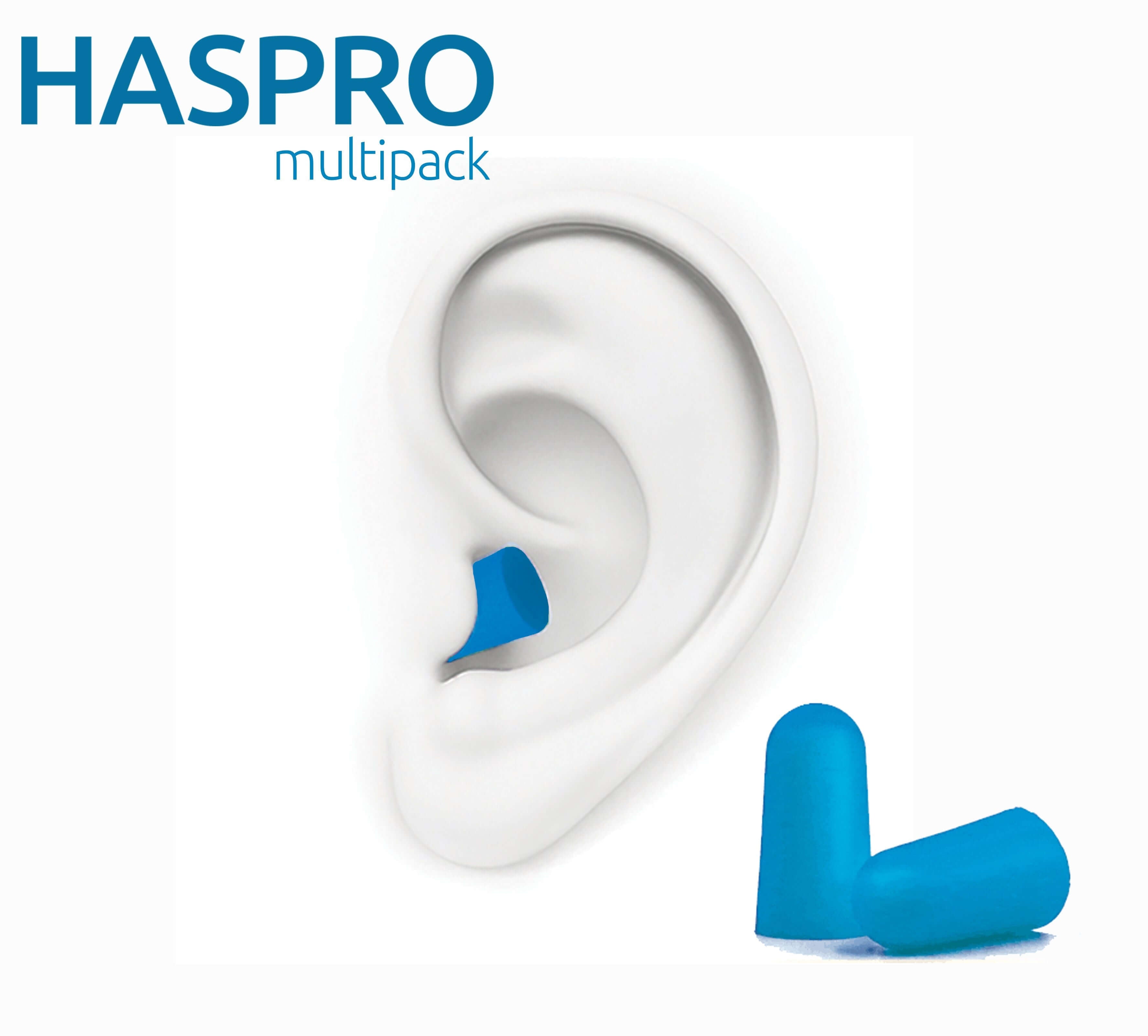 Blue HASPRO foam earplugs shown in ear and next to ear for high noise reduction with comfort.