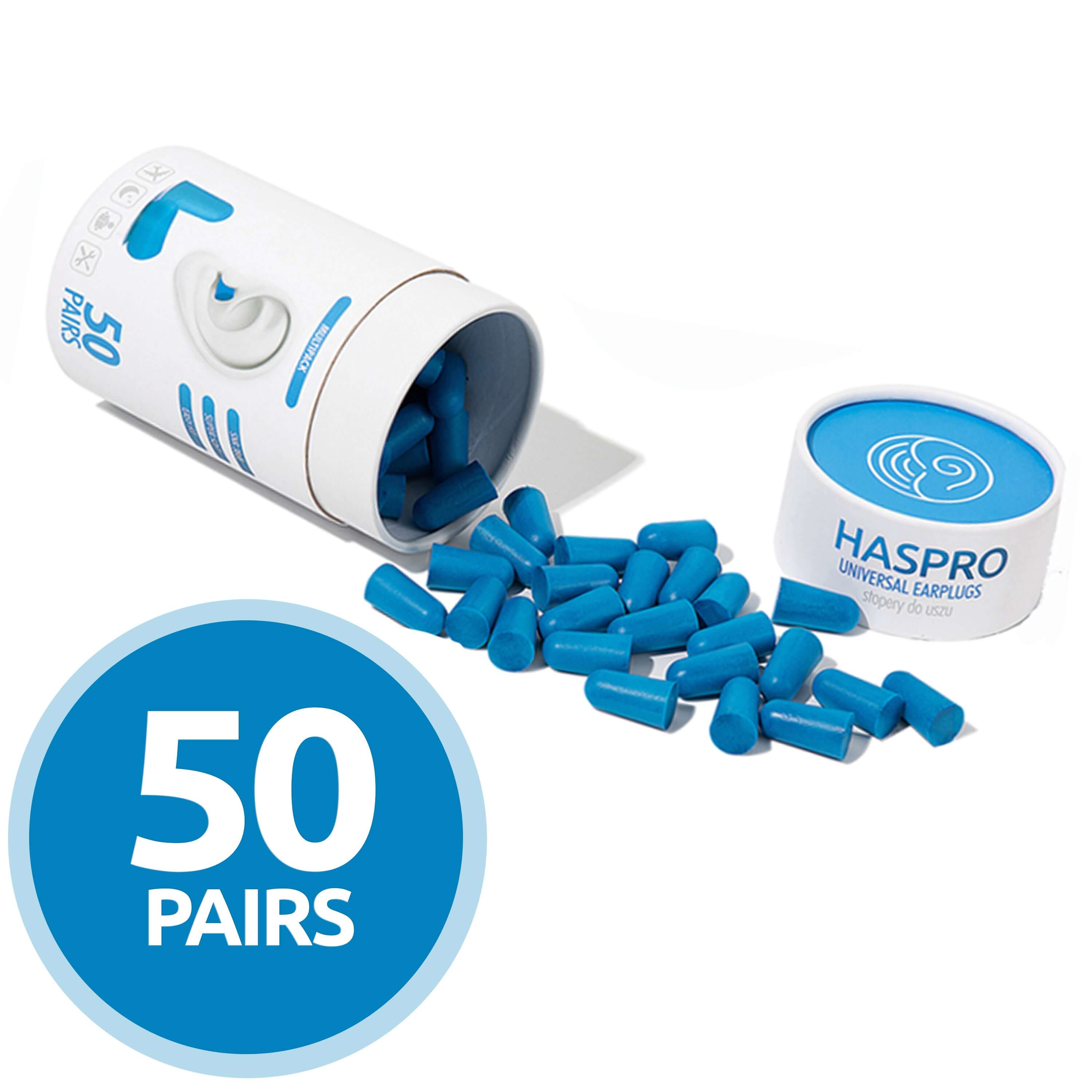 HASPRO Tube50 foam earplugs in blue, 50 pairs with portable case for noise reduction.