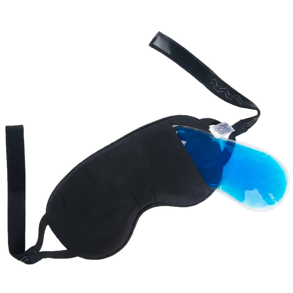 Quietstore organic cotton sleep mask with gel bag, non-slip strap and integrated light-blockers for restful sleep.