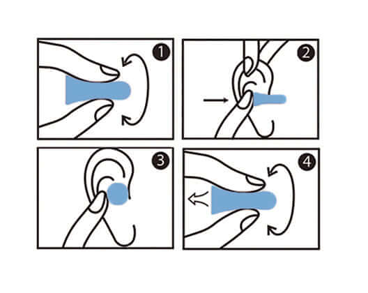 Instructions for using HASPRO foam earplugs, demonstrating insertion and proper fit in four steps.