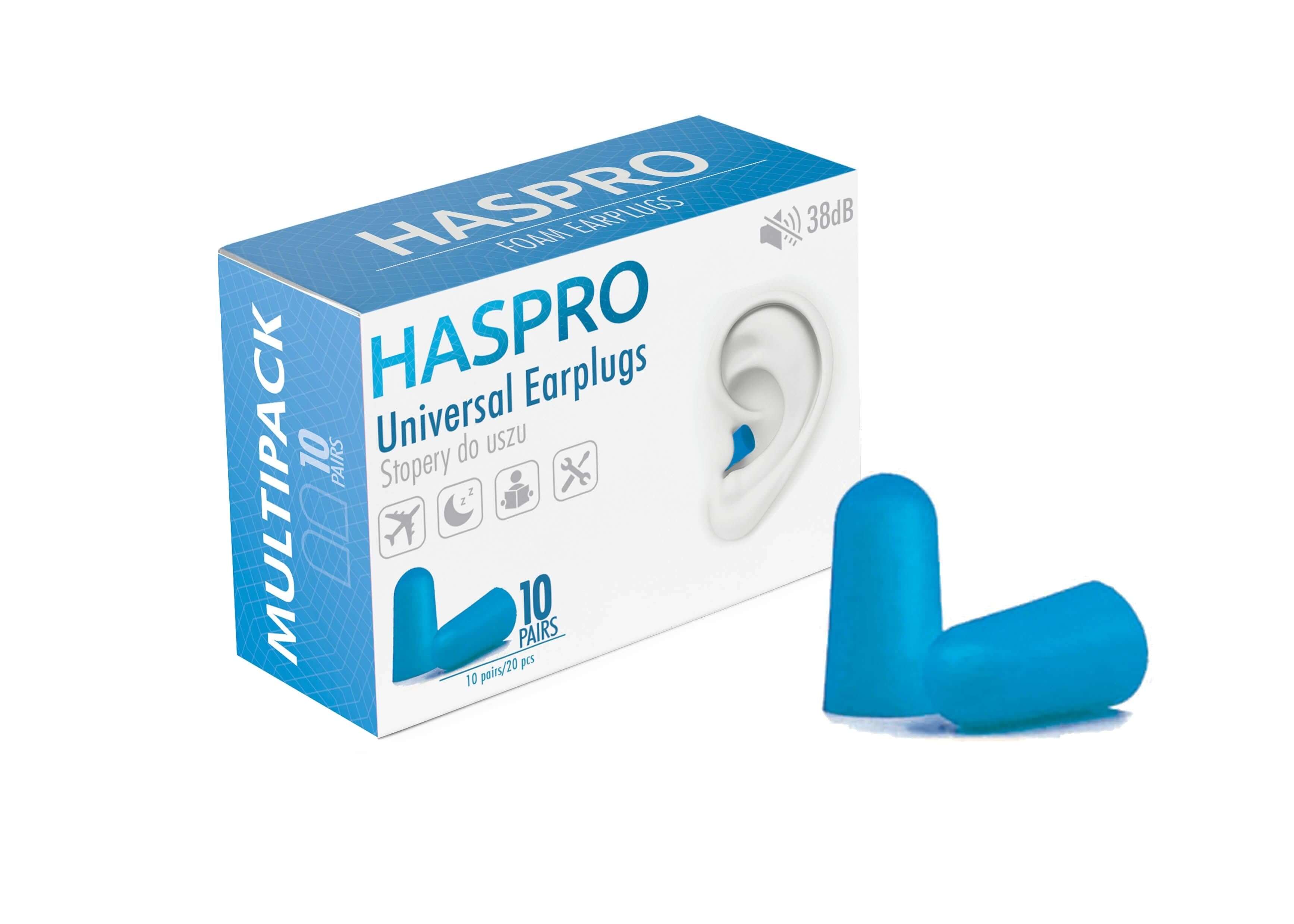 HASPRO foam earplugs in blue packaging, 10 pairs, 38 dB noise reduction, soft and comfortable for all users.