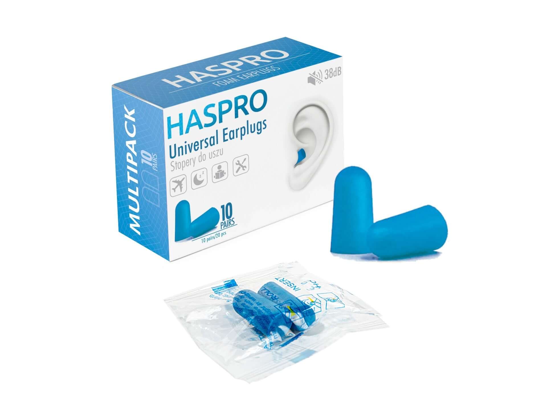 HASPRO Multi10 foam earplugs pack with 10 pairs, high noise reduction 38 dB, blue color, individually packaged for comfort.
