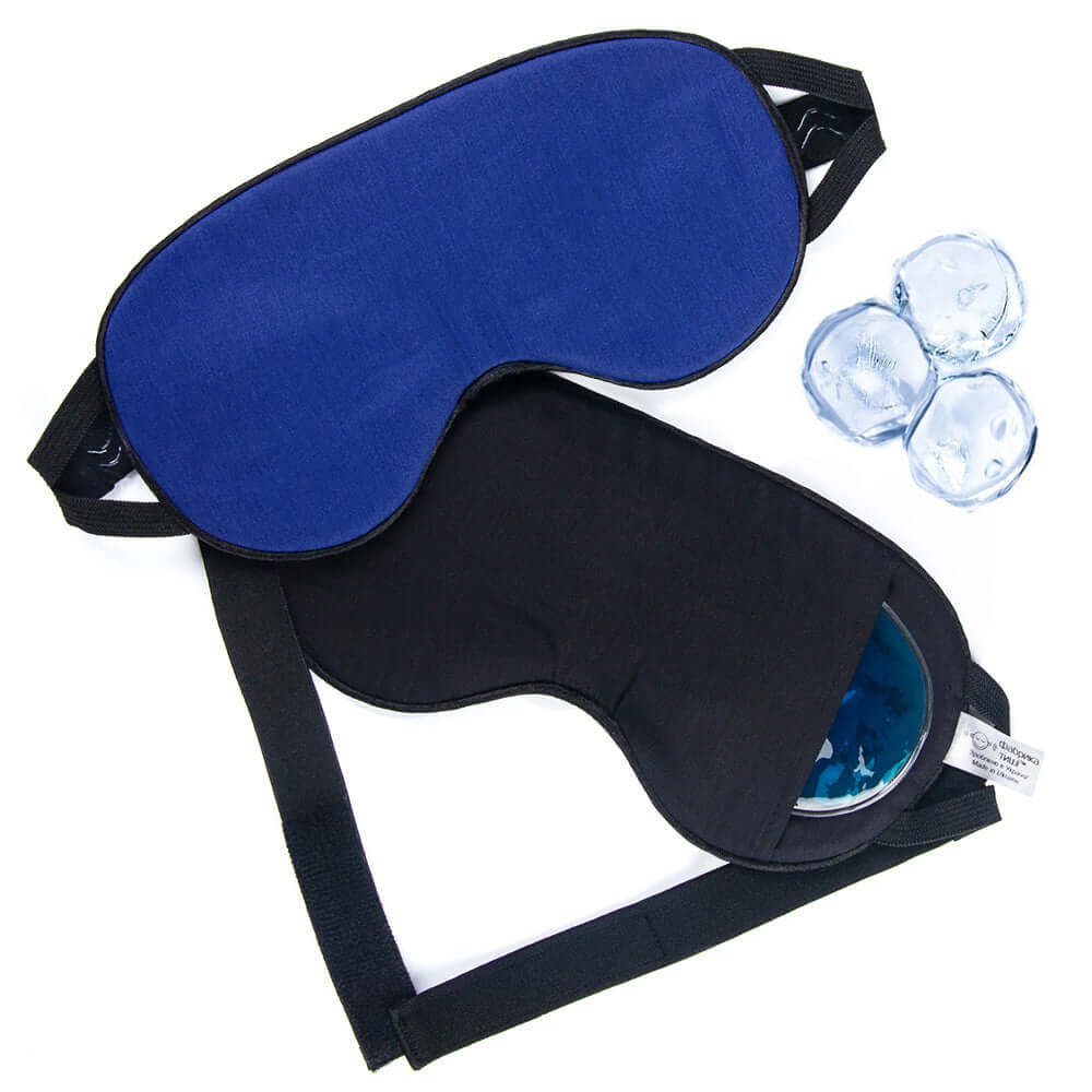 Quietstore Non-slip Strap Organic Cotton Sleep Mask with gel bag, featuring dual-color design and light-blocking technology.