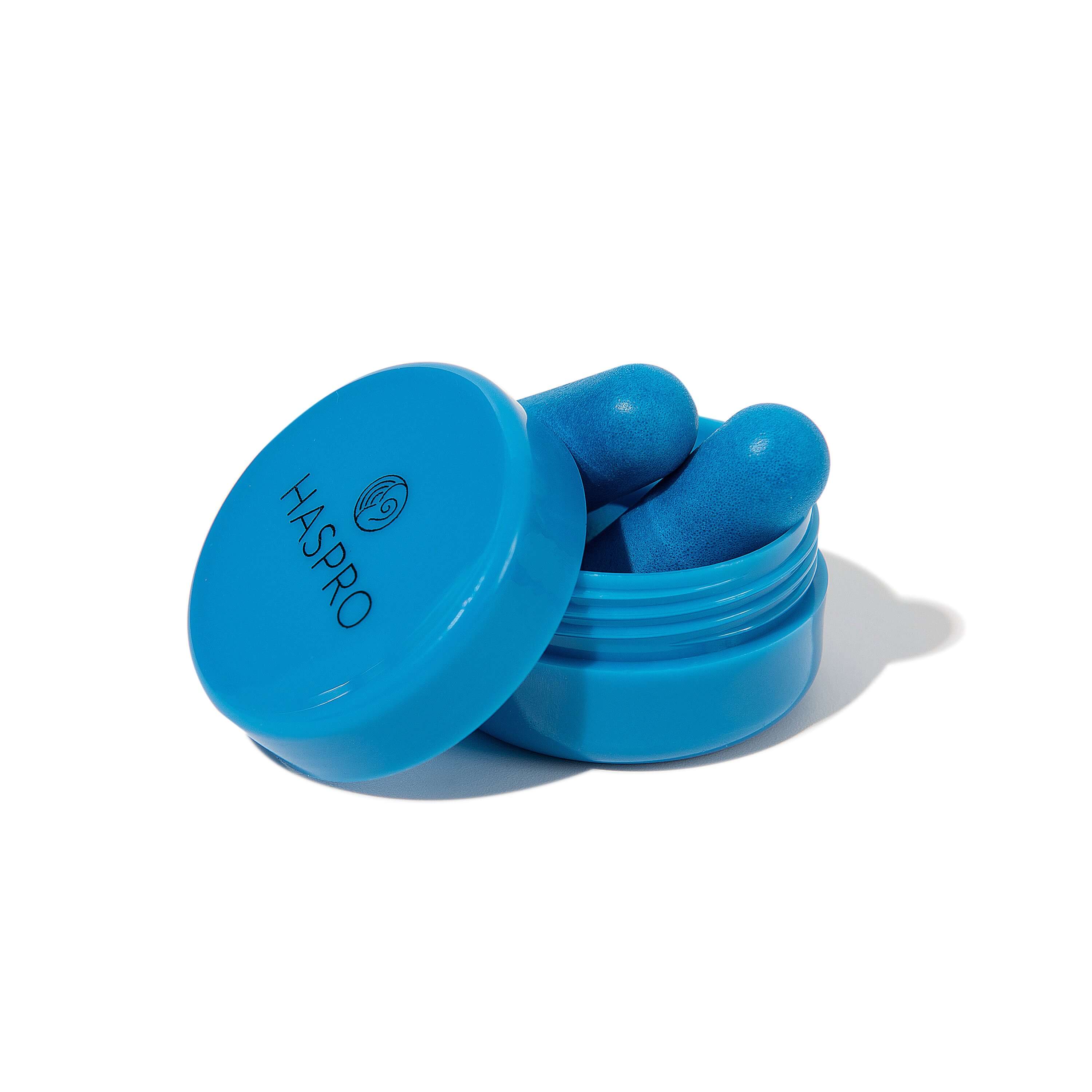 Blue HASPRO earplugs in a pocket-sized case for 38 dB noise reduction and comfort.