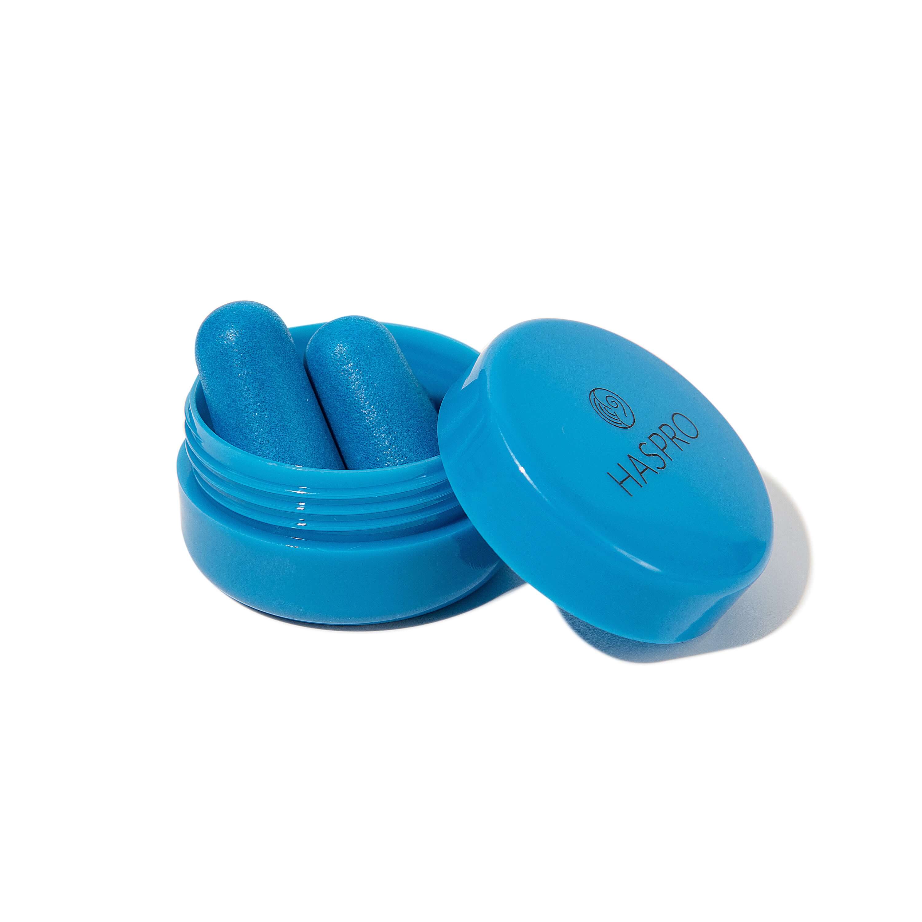 HASPRO blue earplug case with two foam earplugs for high noise reduction and comfort.