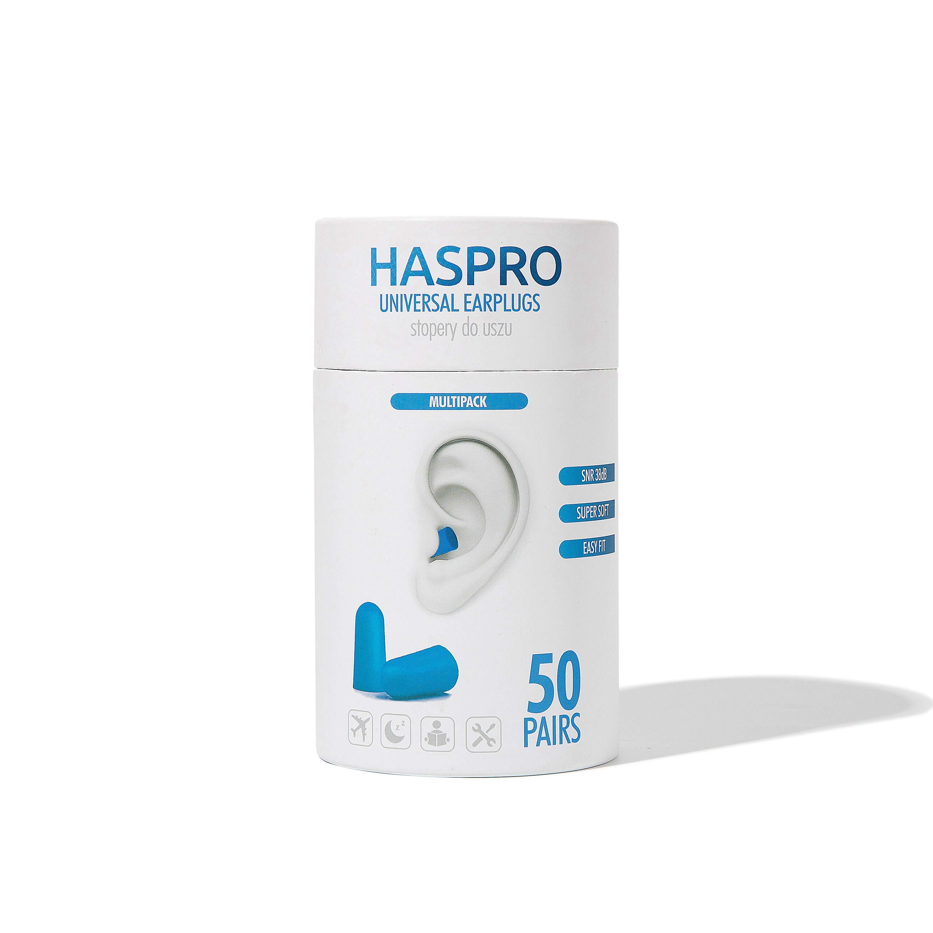HASPRO Tube50 foam earplugs pack with 50 pairs, high noise reduction, soft and comfortable, pocket-sized case.