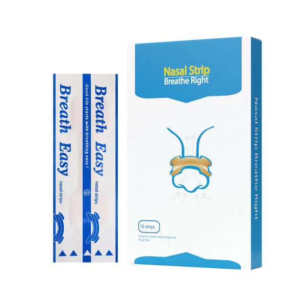 Breathe Easy nasal strips pack for reducing snoring and easing congestion, includes 10 strips.