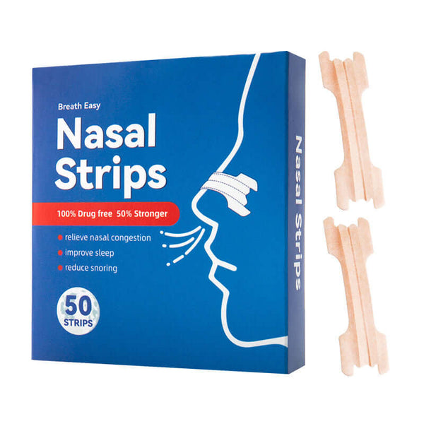 Breath Easy nasal strips packaging with 50 strips to reduce snoring and relieve nasal congestion.