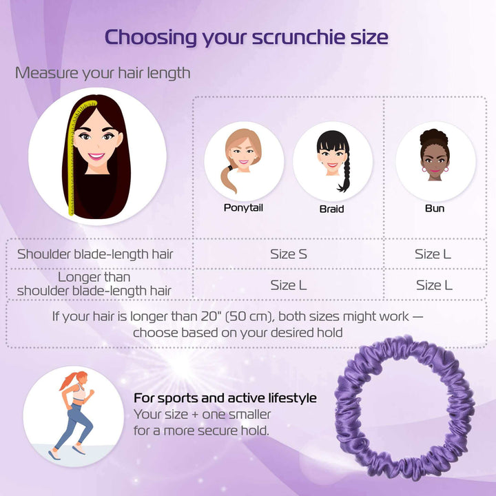 Infographic on choosing scrunchie size based on hair length for ponytails, braids, and buns.