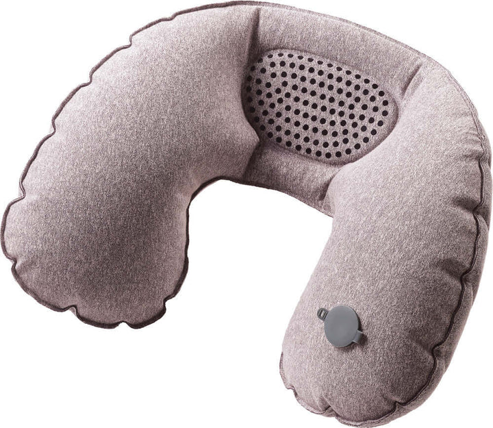 Comfortable inflatable travel neck pillow designed for airplane use with adjustable air valve for head support.