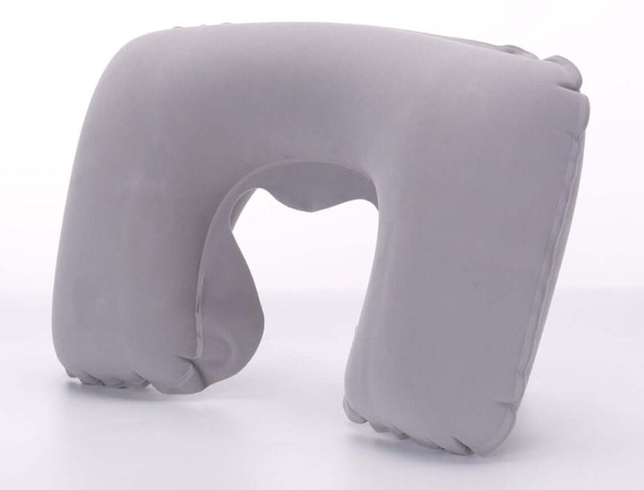 Gray inflatable travel neck pillow designed for comfort on airplanes, trains, and cars.