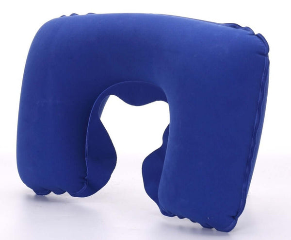 Blue inflatable travel neck pillow designed for comfort during airplane, train, or car journeys.