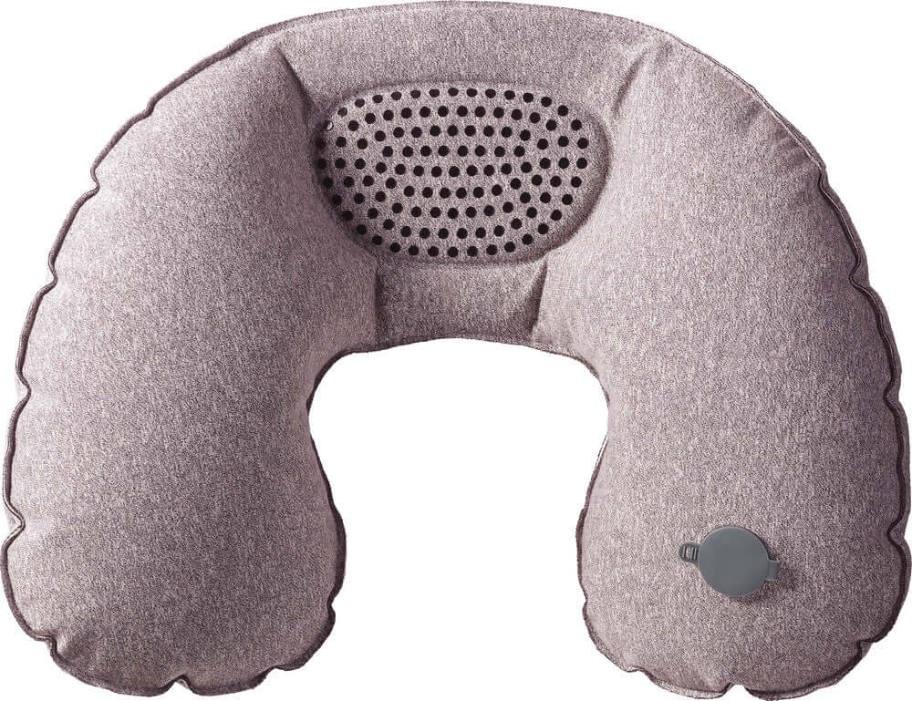 Inflatable travel neck pillow with a soft fabric cover and adjustable air valve for customized comfort.