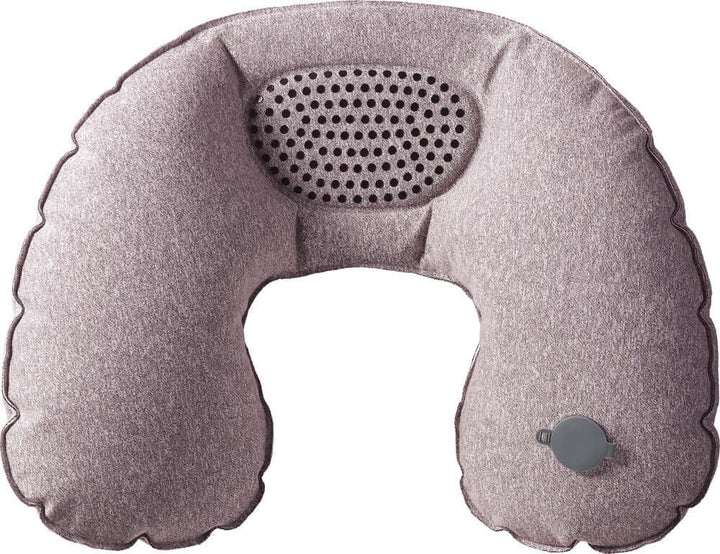 Inflatable travel neck pillow with a soft fabric cover and adjustable air valve for customized comfort.
