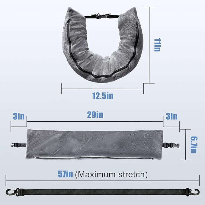 Dimensions of Langris Stuffable Travel Pillow: 11" tall, 12.5" wide, 29" long with adjustable strap, 57" max stretch.