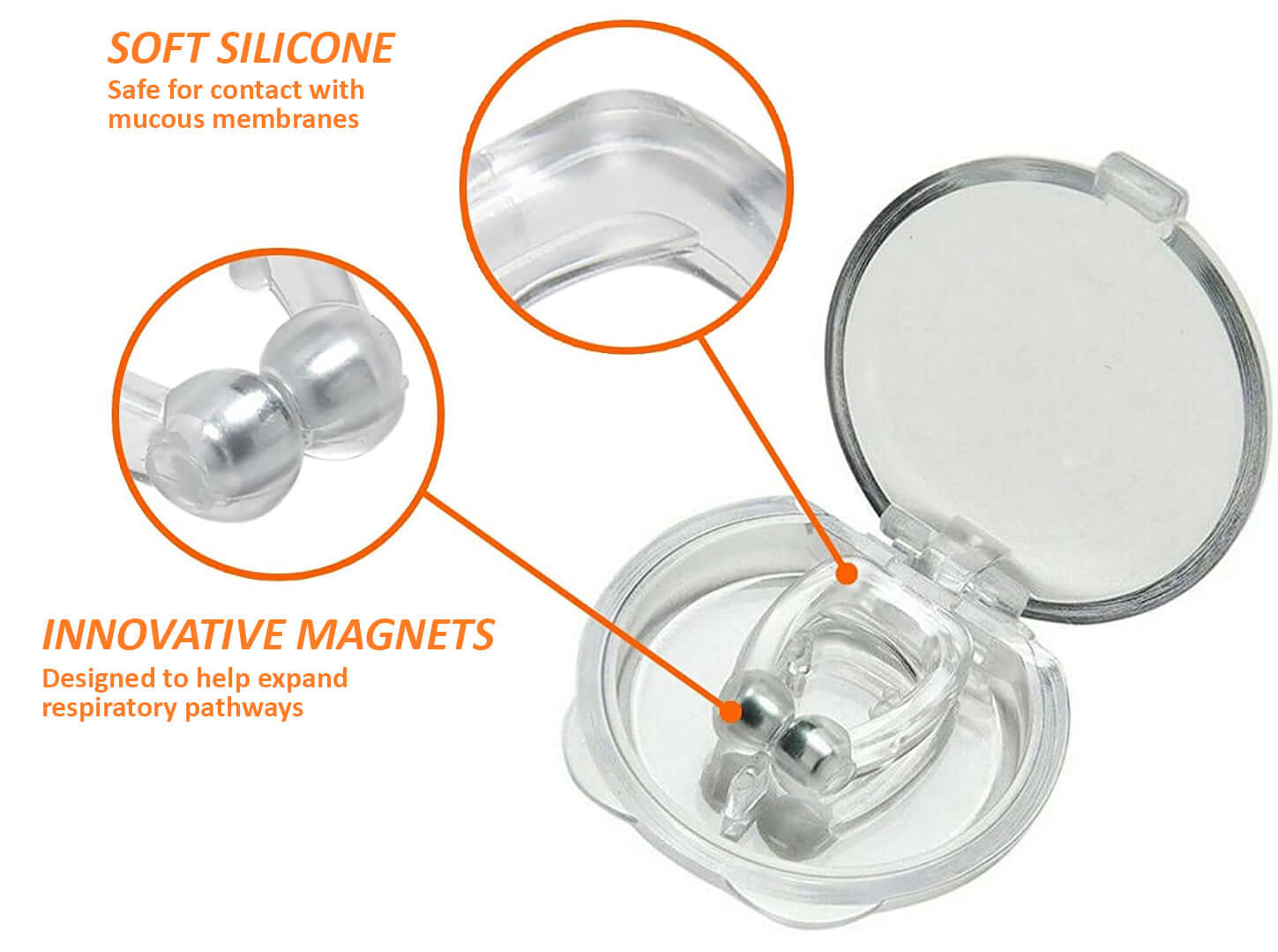 Magnetic silicone nasal clip for snoring relief in a carry box with soft silicone and innovative magnets.