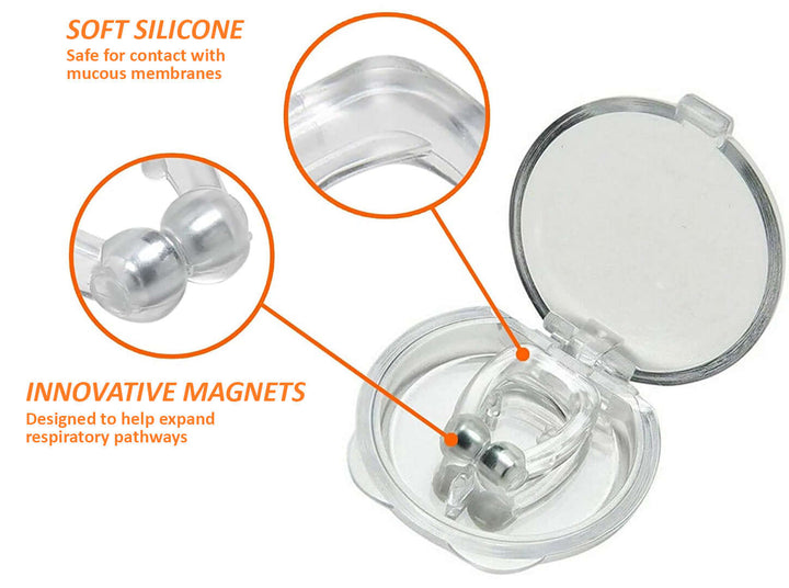 Magnetic silicone nasal clip for snoring relief in a carry box with soft silicone and innovative magnets.