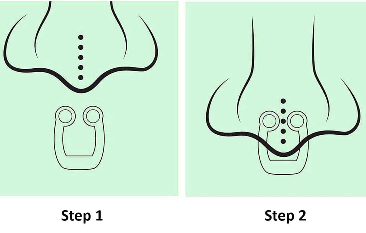 Instructions for using a magnetic nasal clip for snoring relief, showing steps of application.
