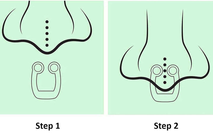 Instructions for using a magnetic nasal clip for snoring relief, showing steps of application.