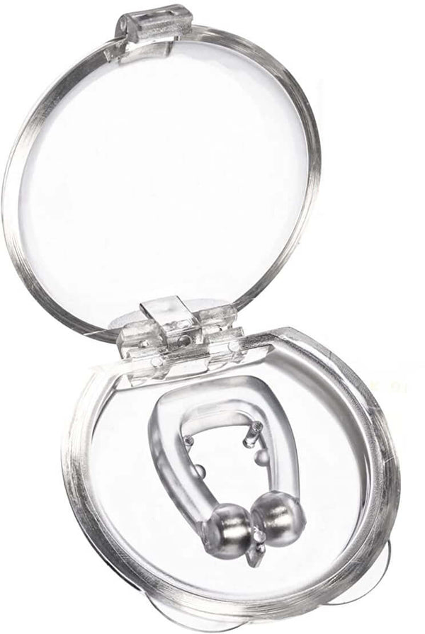 Magnetic silicone nasal clip for snoring relief in a clear carry box.