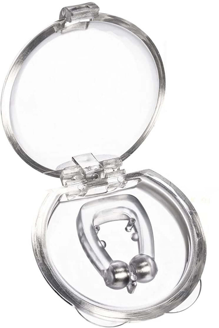 Magnetic silicone nasal clip for snoring relief in a clear carry box.