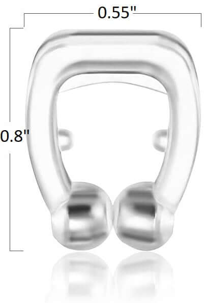 Magnetic silicone nasal clip dimensions 0.55" x 0.8" for snoring relief, promoting better sleep and breathing.