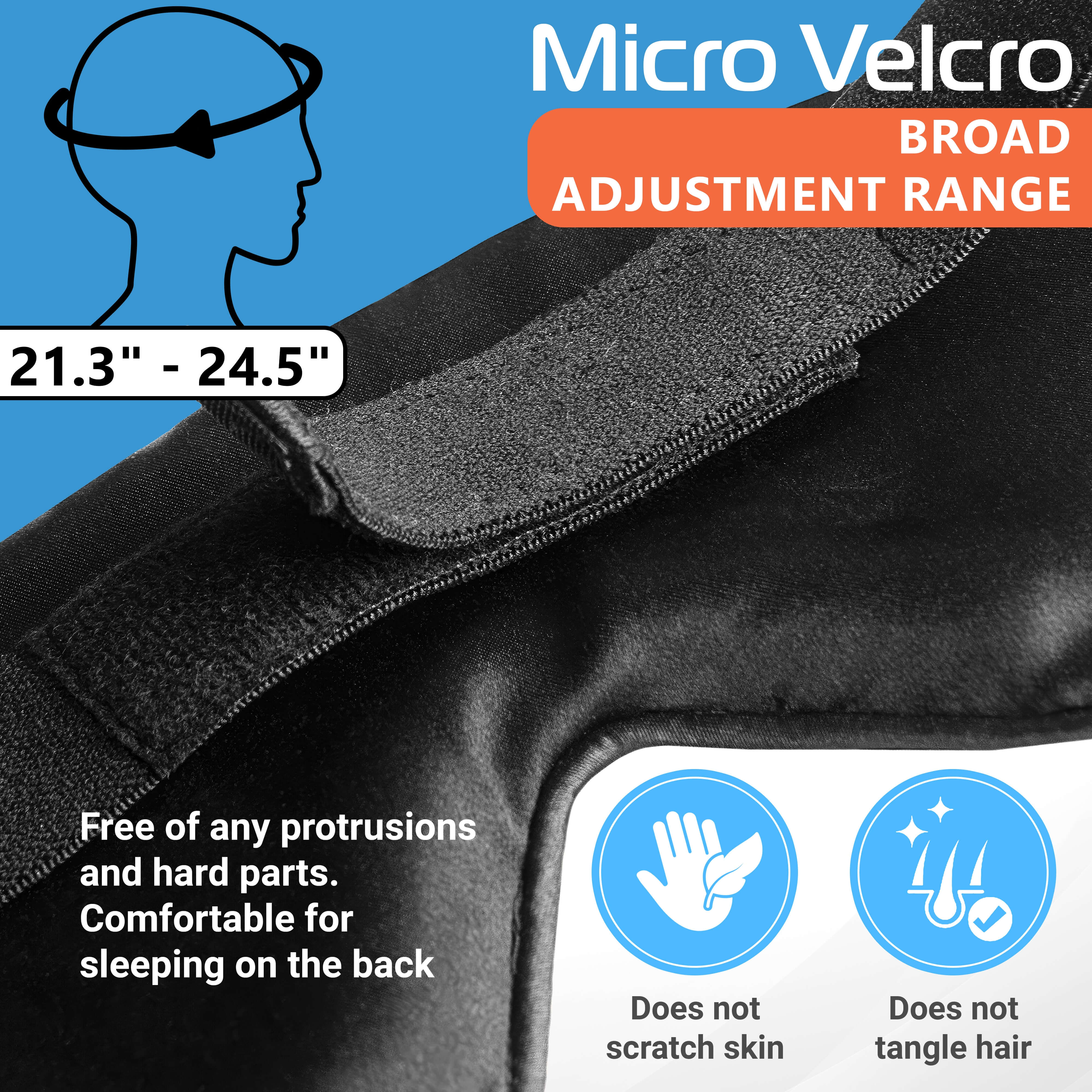 Adjustable Micro Velcro sleep mask strap for head sizes 21.3" to 24.5", ensuring comfort without scratching skin.