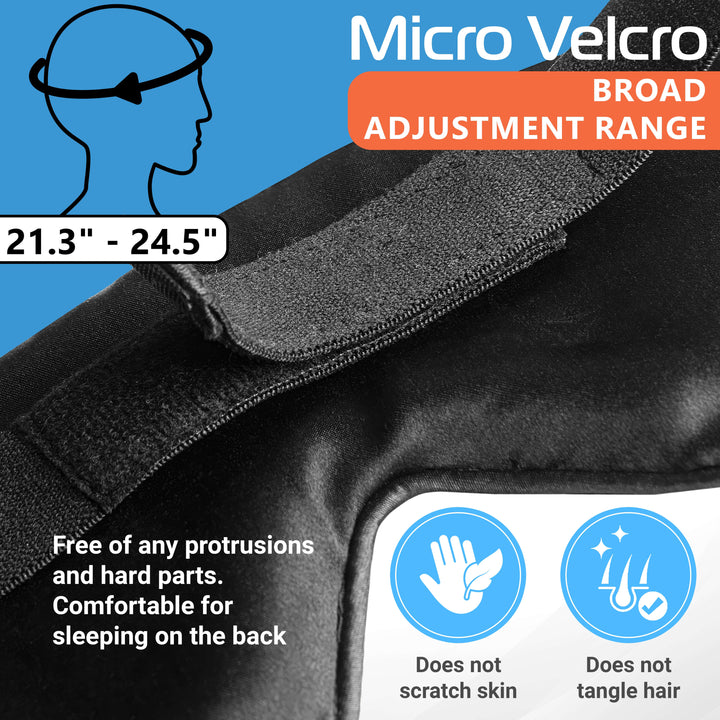 Adjustable Micro Velcro sleep mask strap for head sizes 21.3" to 24.5", ensuring comfort without scratching skin.