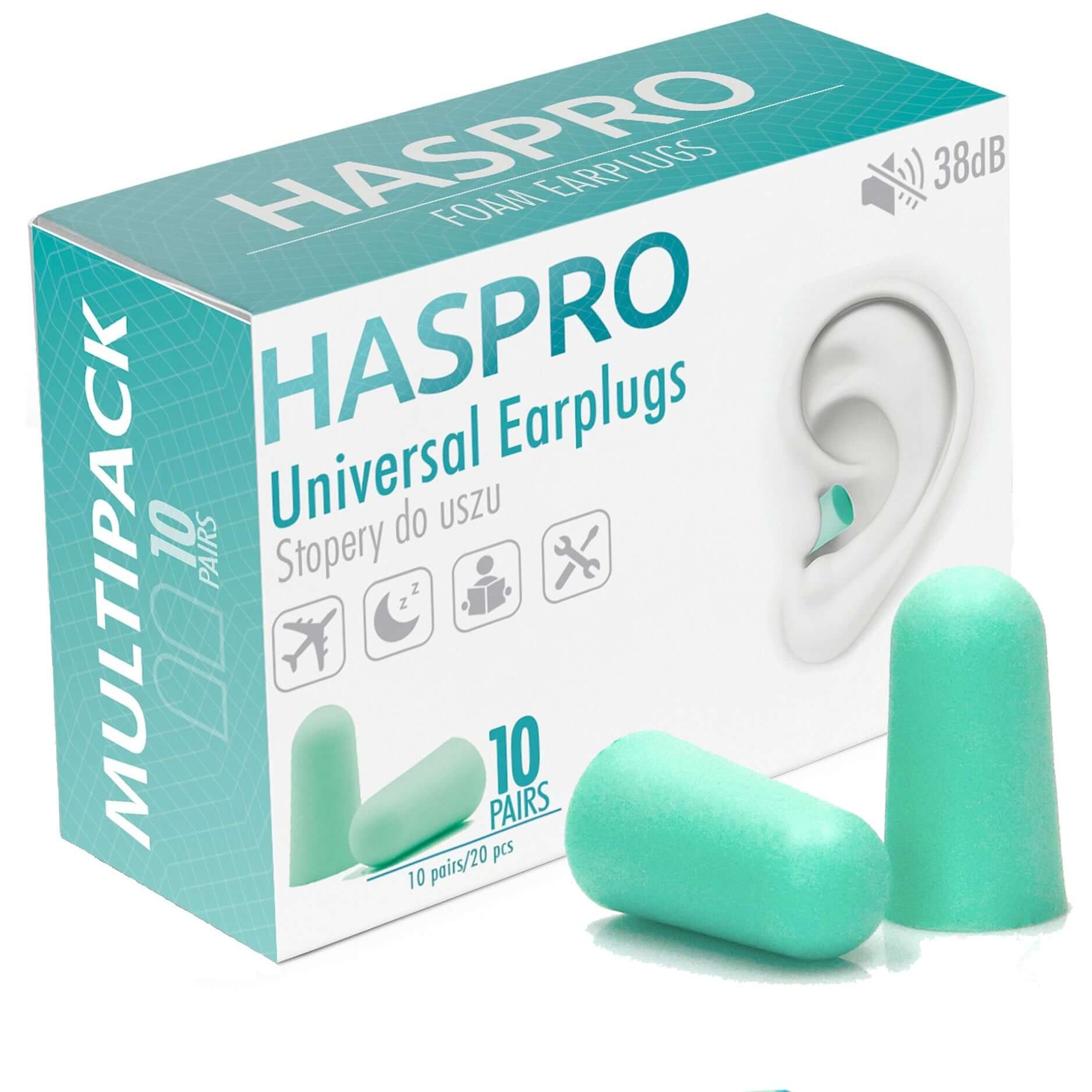 HASPRO foam earplugs pack with 10 pairs, 38 dB noise reduction, soft mint color, ideal for family use.
