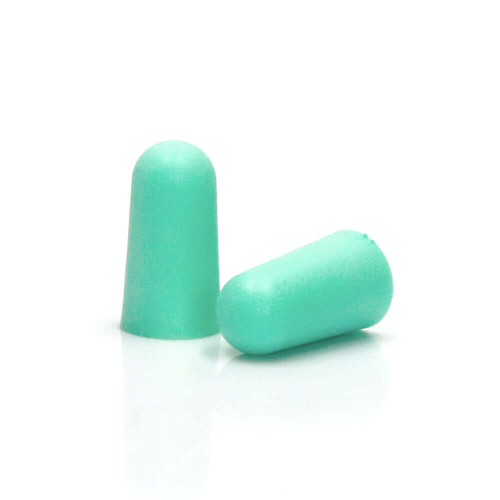 Two mint green foam sleeping earplugs for high noise reduction, suitable for comfortable wear.