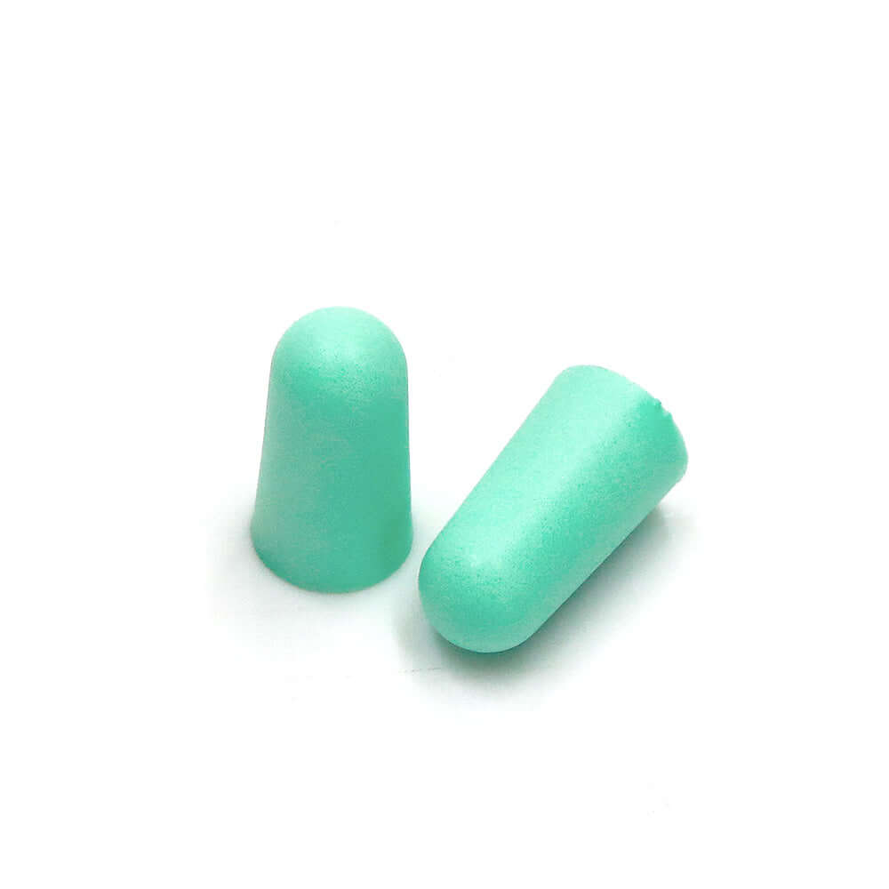 Two soft mint green foam earplugs for high noise reduction, ideal for users with small ear canals.