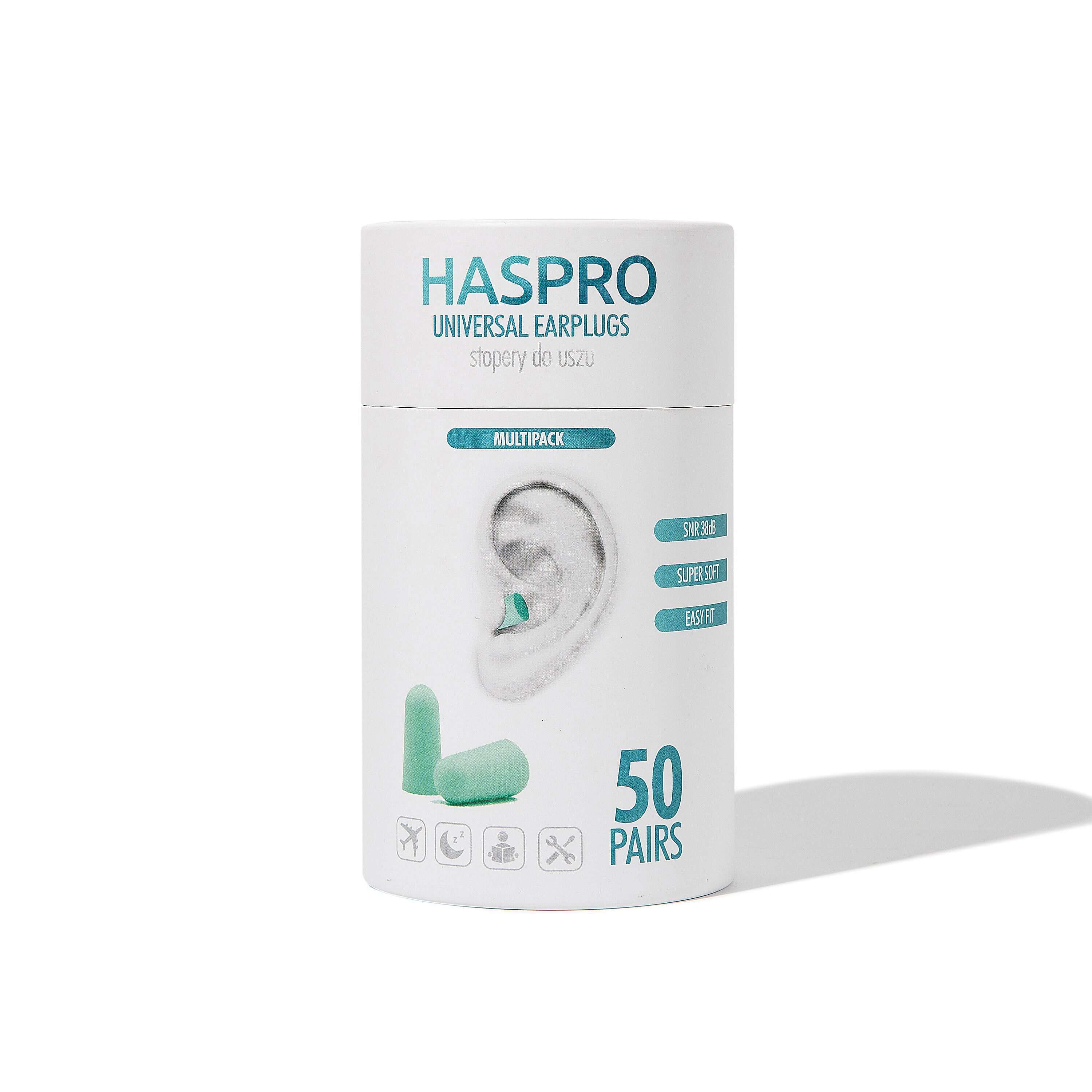 HASPRO universal earplugs pack with 50 pairs, featuring high noise reduction and soft foam design in a mint color.