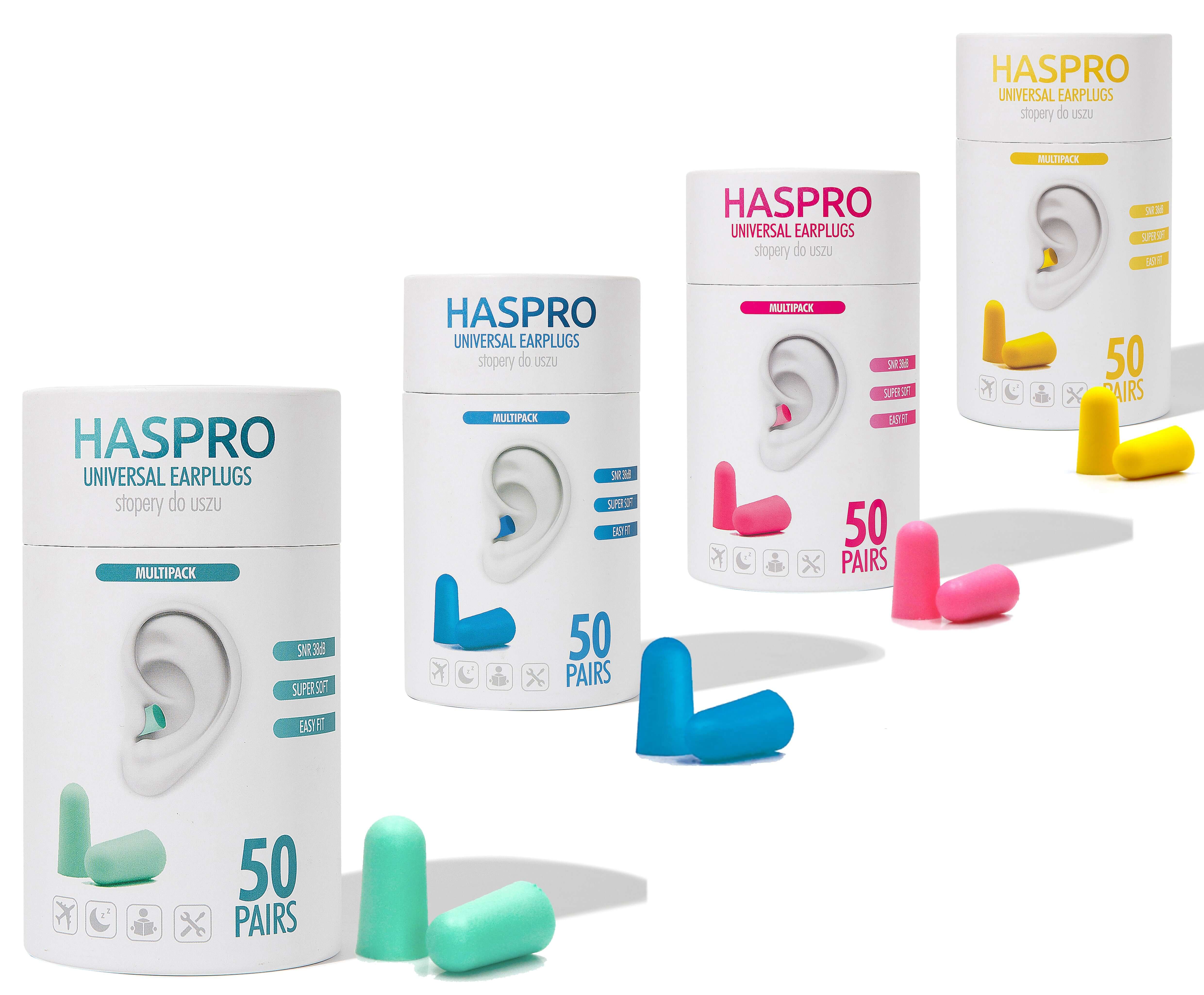 HASPRO Tube50 foam earplugs in blue, yellow, pink, and mint packaging, offering 50 pairs with 38 dB noise reduction.