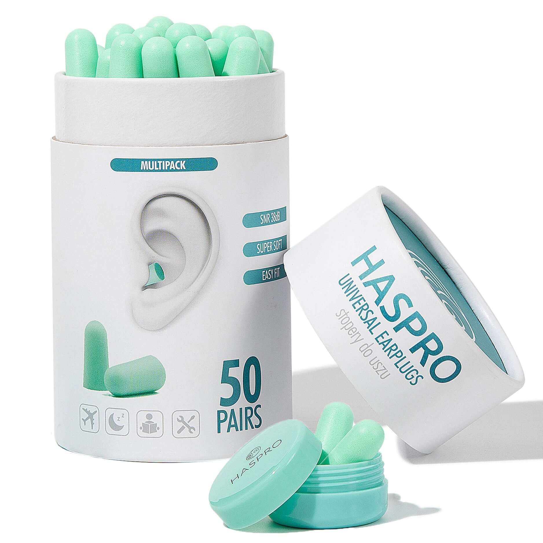 HASPRO Tube50 foam earplugs in mint color pack, includes 50 pairs with 38 dB noise reduction, stored in a portable case.