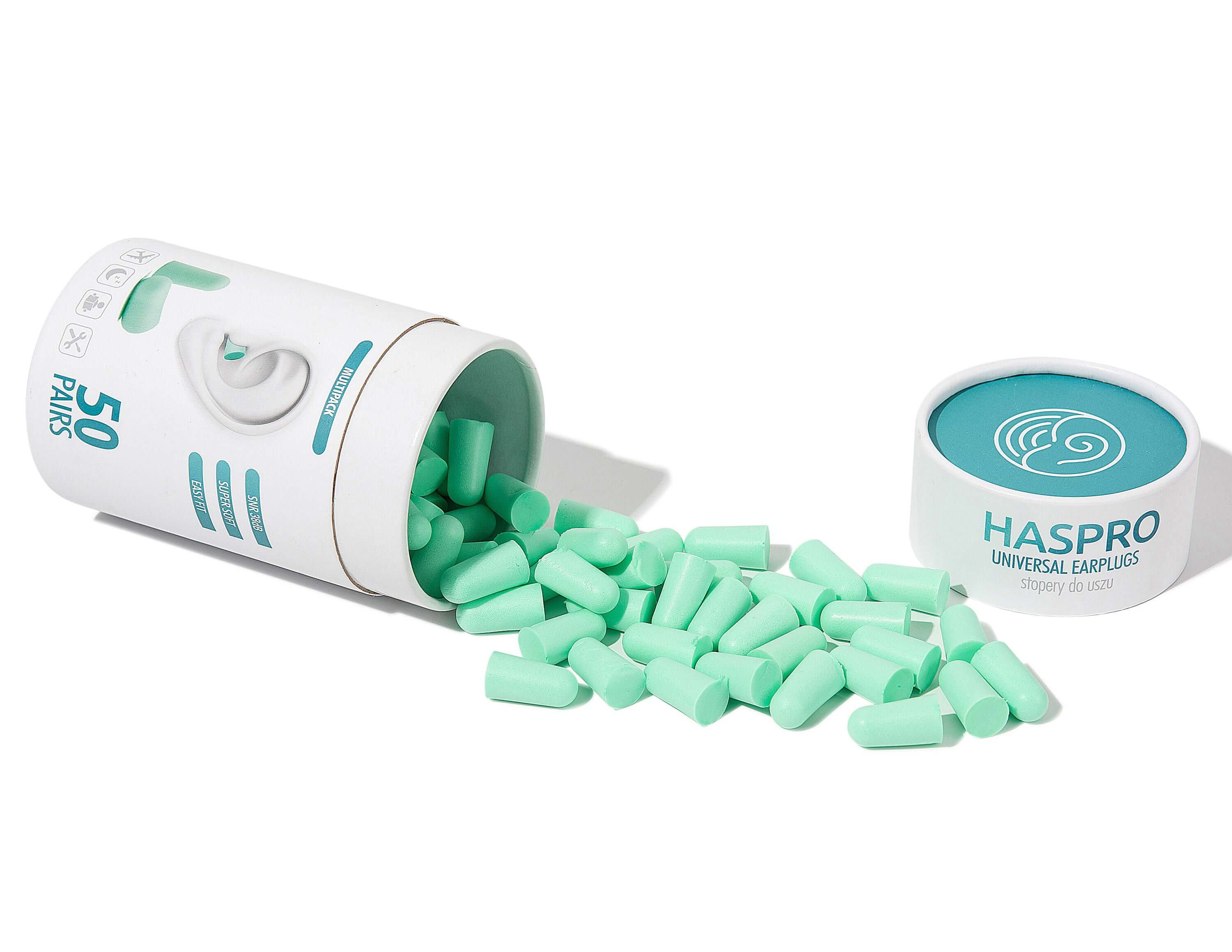 HASPRO Tube50 foam earplugs in mint color, 50 pairs in a container with one pocket-sized case.