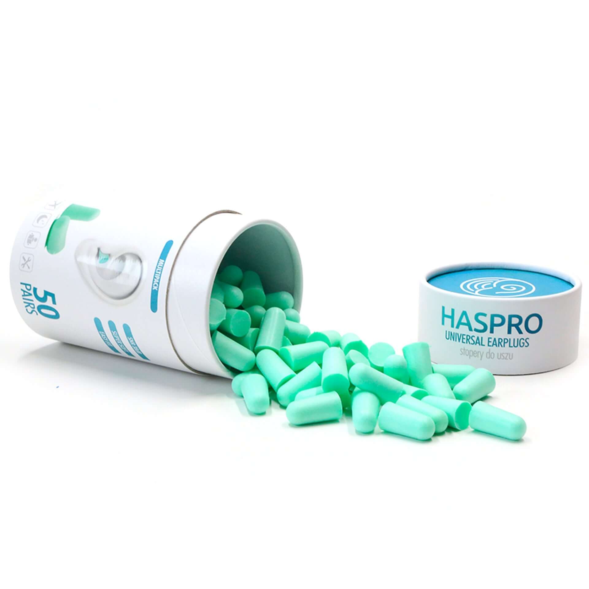 HASPRO Tube50 foam earplugs in mint color spilling from a container, offering high noise reduction and comfort.