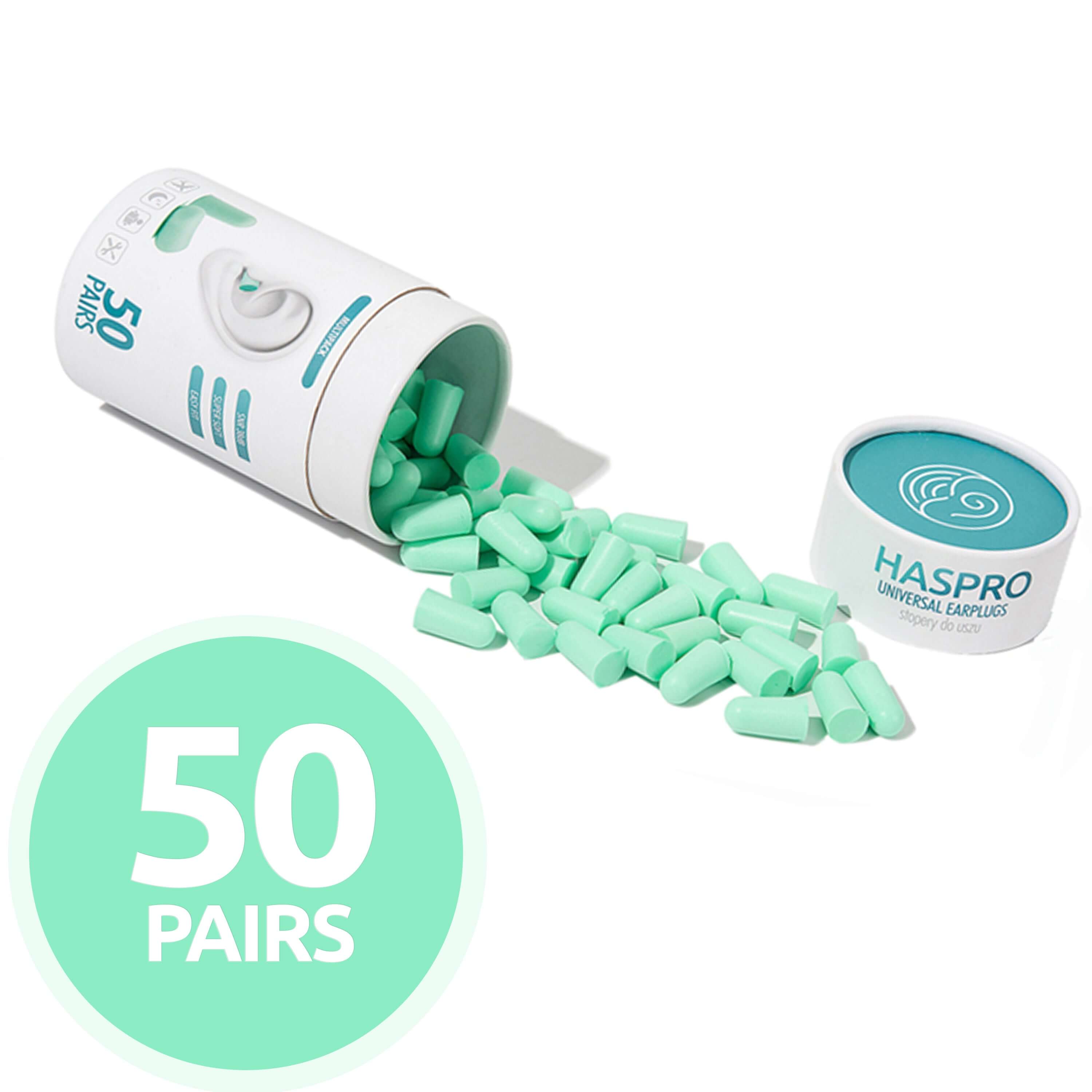HASPRO Tube50 foam earplugs in mint color, featuring 50 pairs spilling from a storage container for noise reduction.
