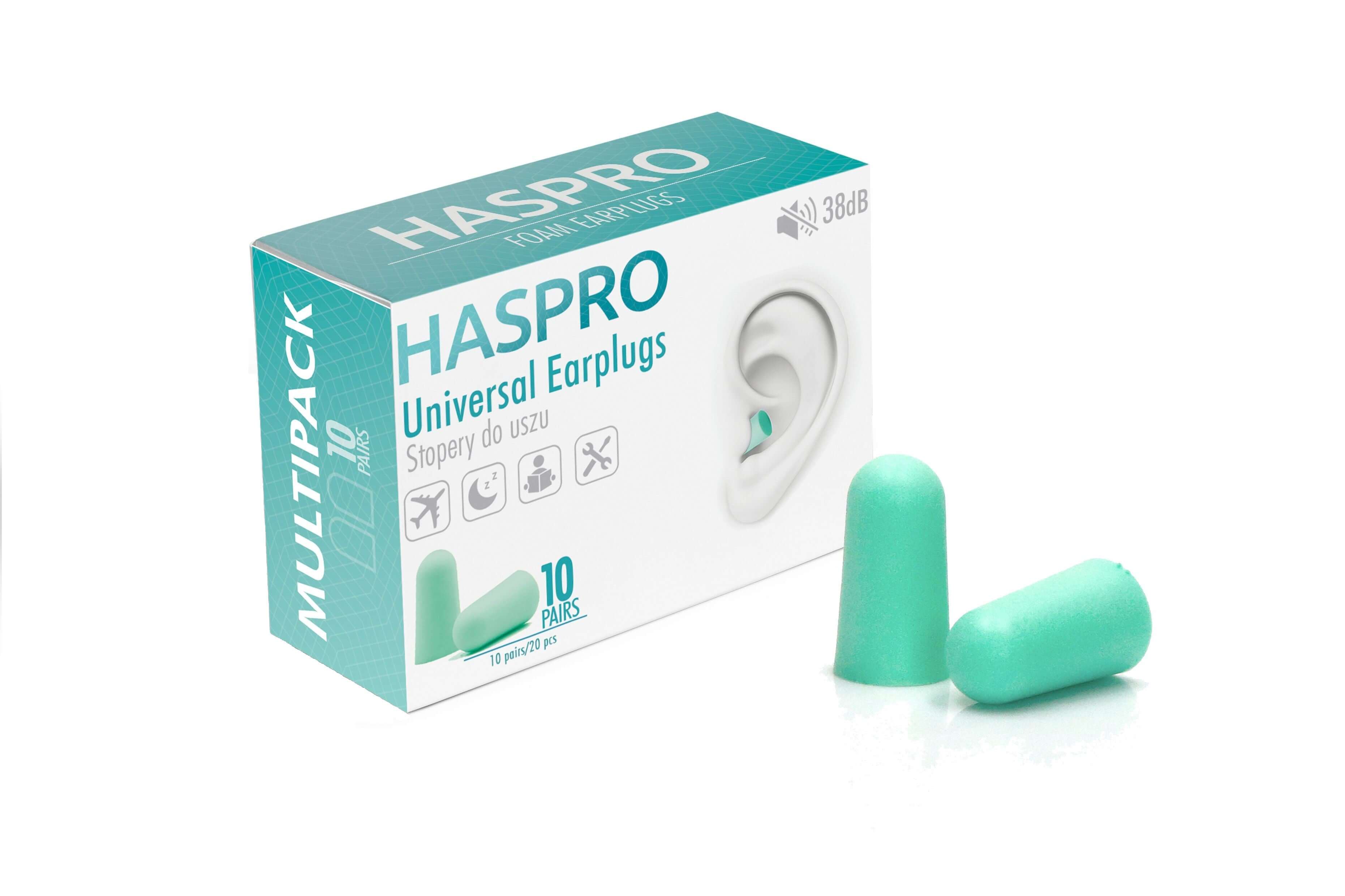 HASPRO MULTI10 foam earplugs pack with 10 pairs, 38 dB noise reduction, soft and comfortable in mint color.