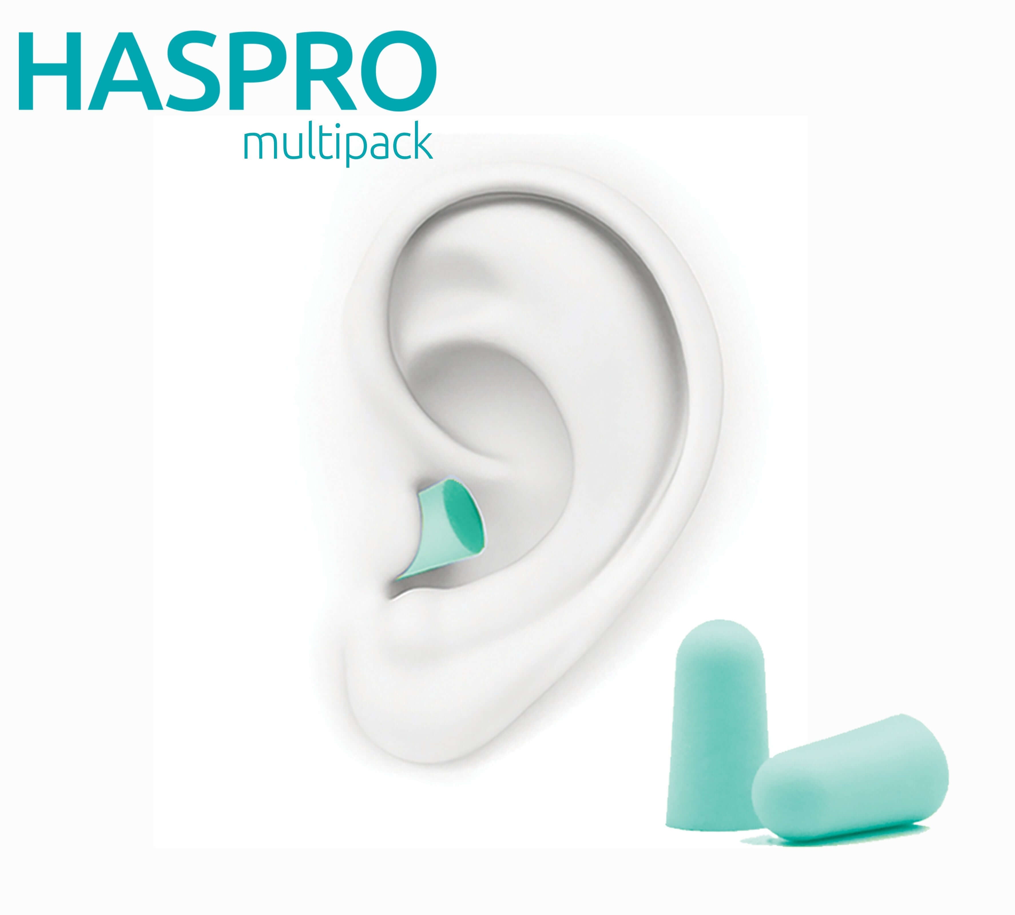 HASPRO multipack foam earplugs shown in an ear model, highlighting comfort and noise reduction features.